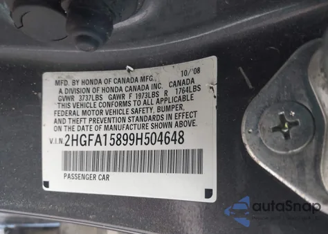 2009 Honda Civic Ex z USA, uszkodzony, nr VIN 2HGFA15899H504648